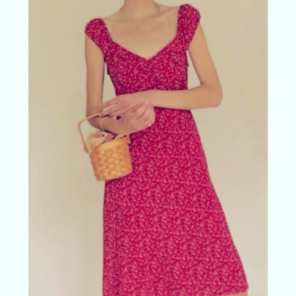 RUE 21 Vintage Y2K Pink Red Floral Cap Puff Sleeve Midi Dress Size Small